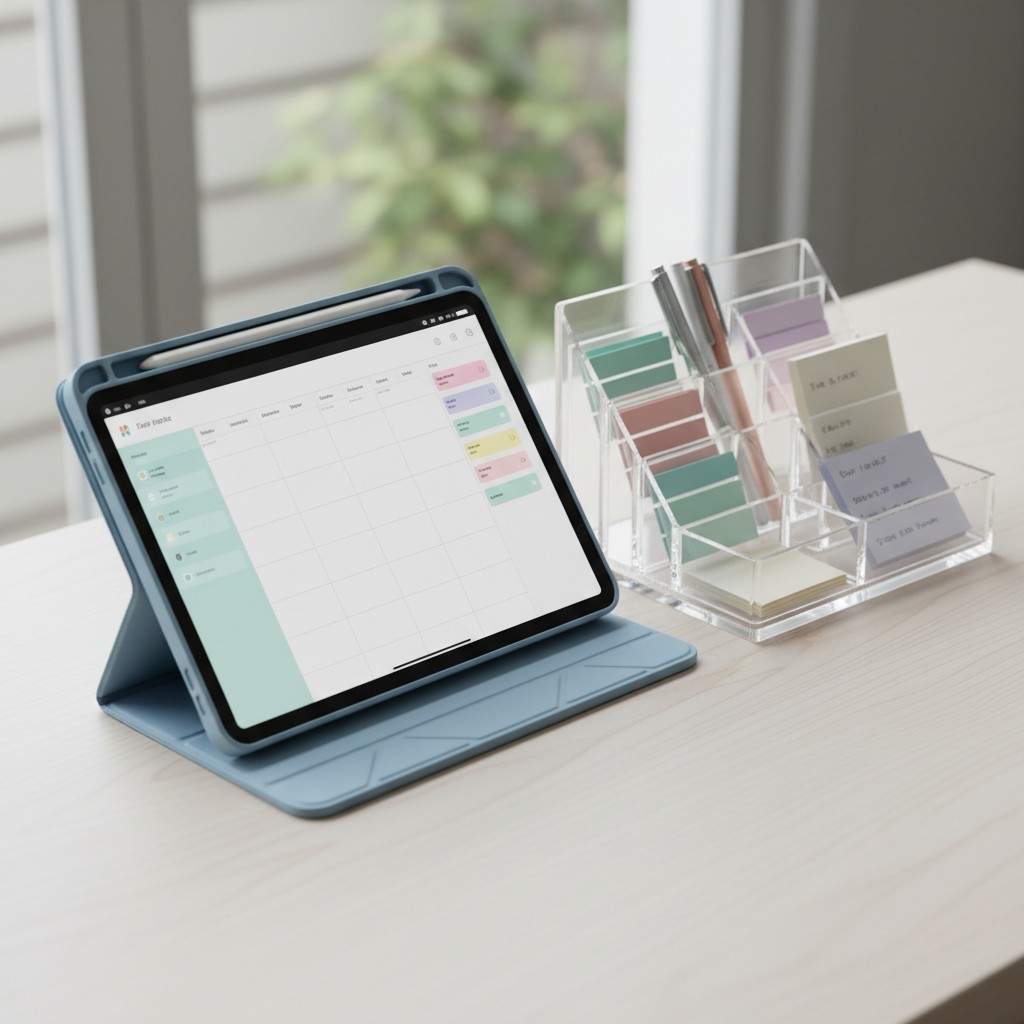 An image of a tablet with a note-taking app on the screen, displaying a digital to-do list against a blurred background of...