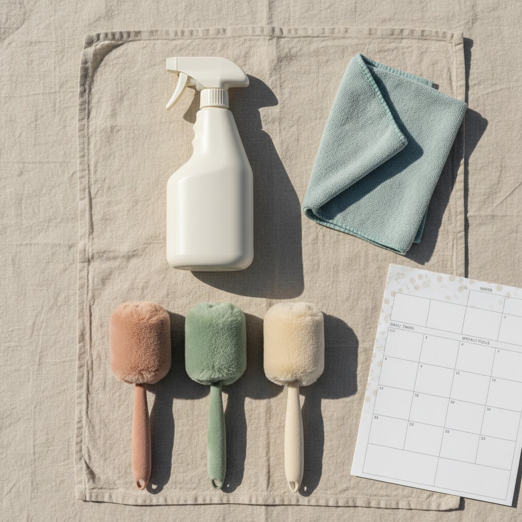 The image features a flat lay of cleaning supplies. There is a halved cream-colored linen square with spray bottle ![the t...