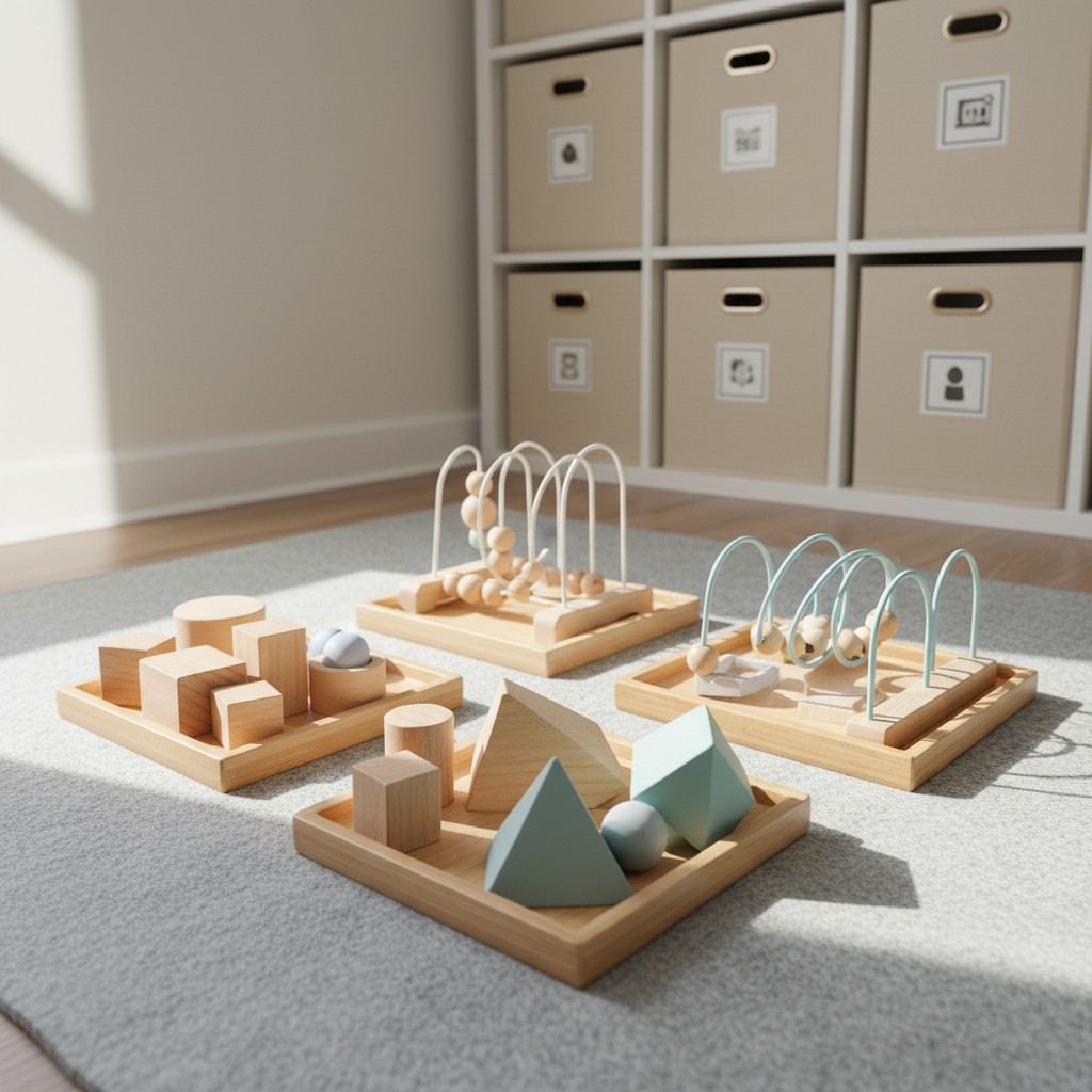 A collection of wooden toys on a light gray rug, placed in front of a shelving unit with storage boxes.