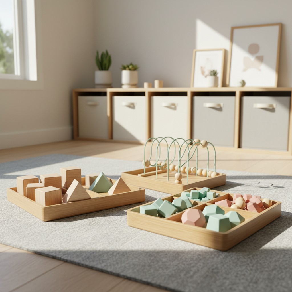 A room with two wood toys, a rug, a bookshelf, and other Asian fuzzies.